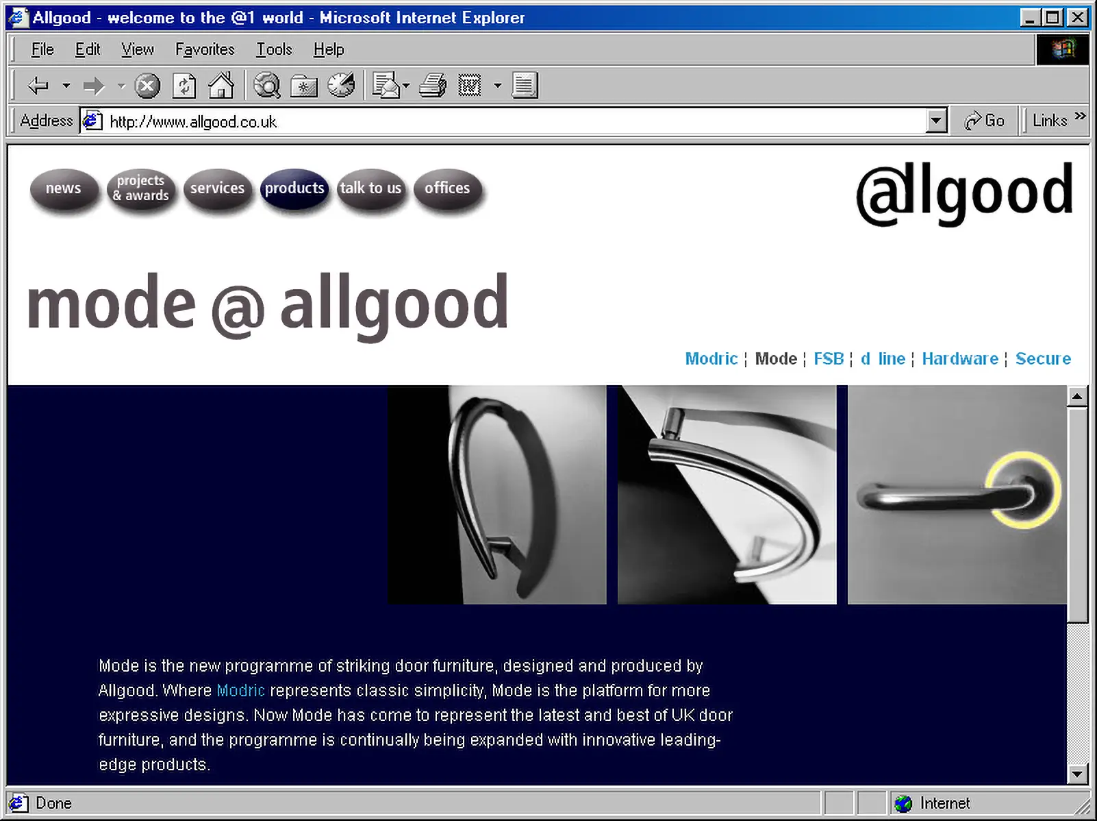 Allgood website in an IE3 browser window