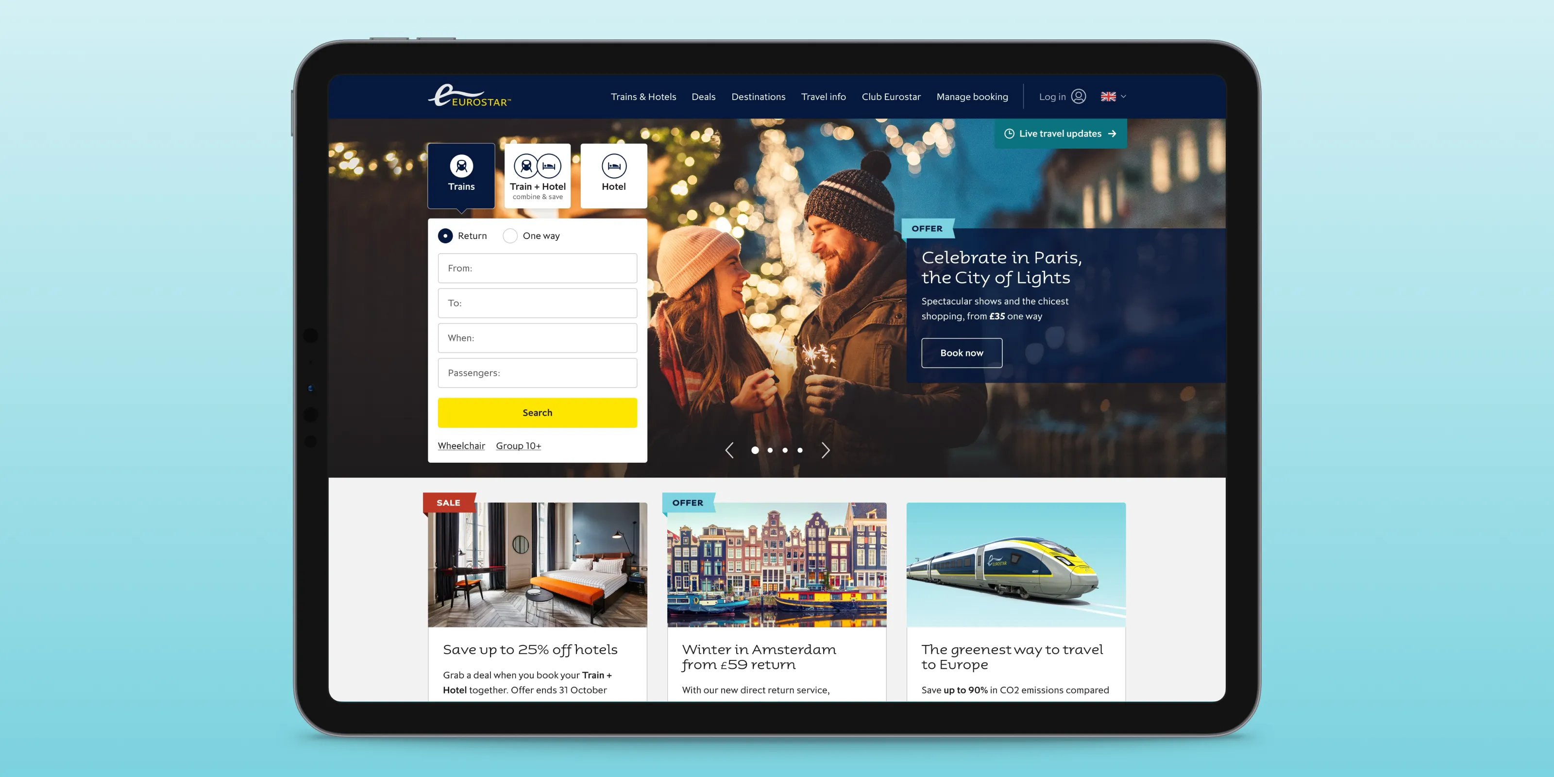 Eurostar homepage in a tablet