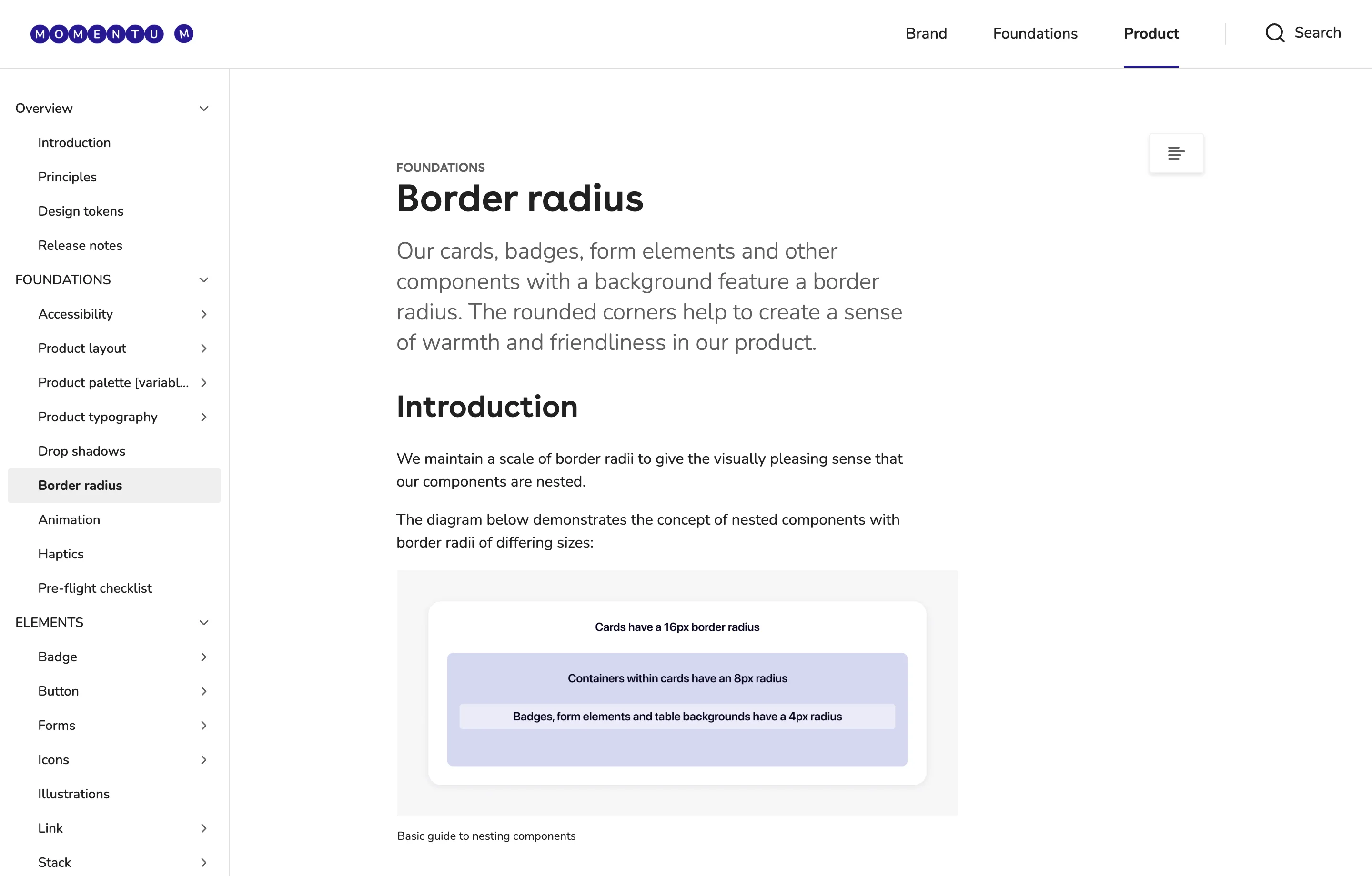 Top of the border radius documentation page on the Zeroheight platform