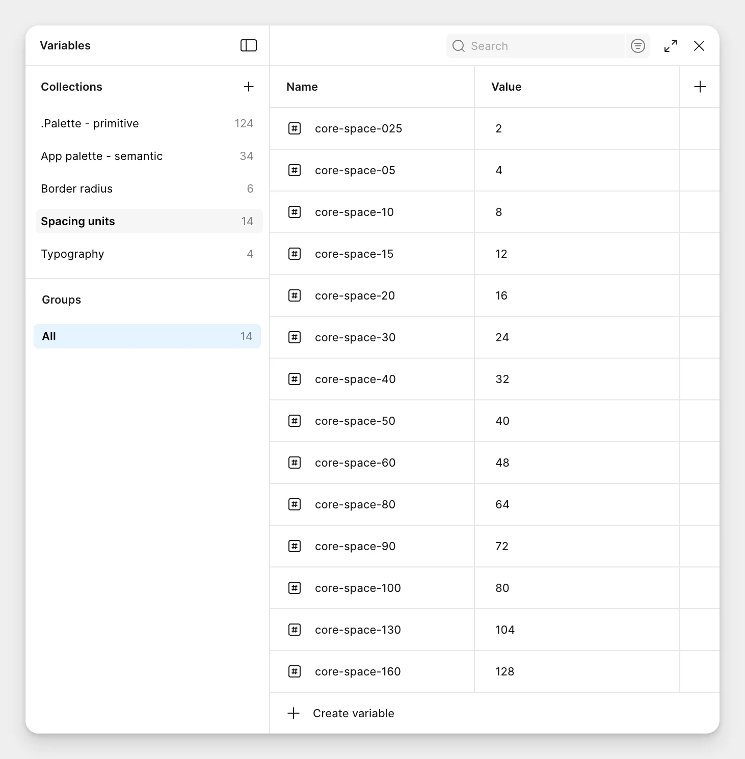 Spacing unit design tokens shown as Figma variables