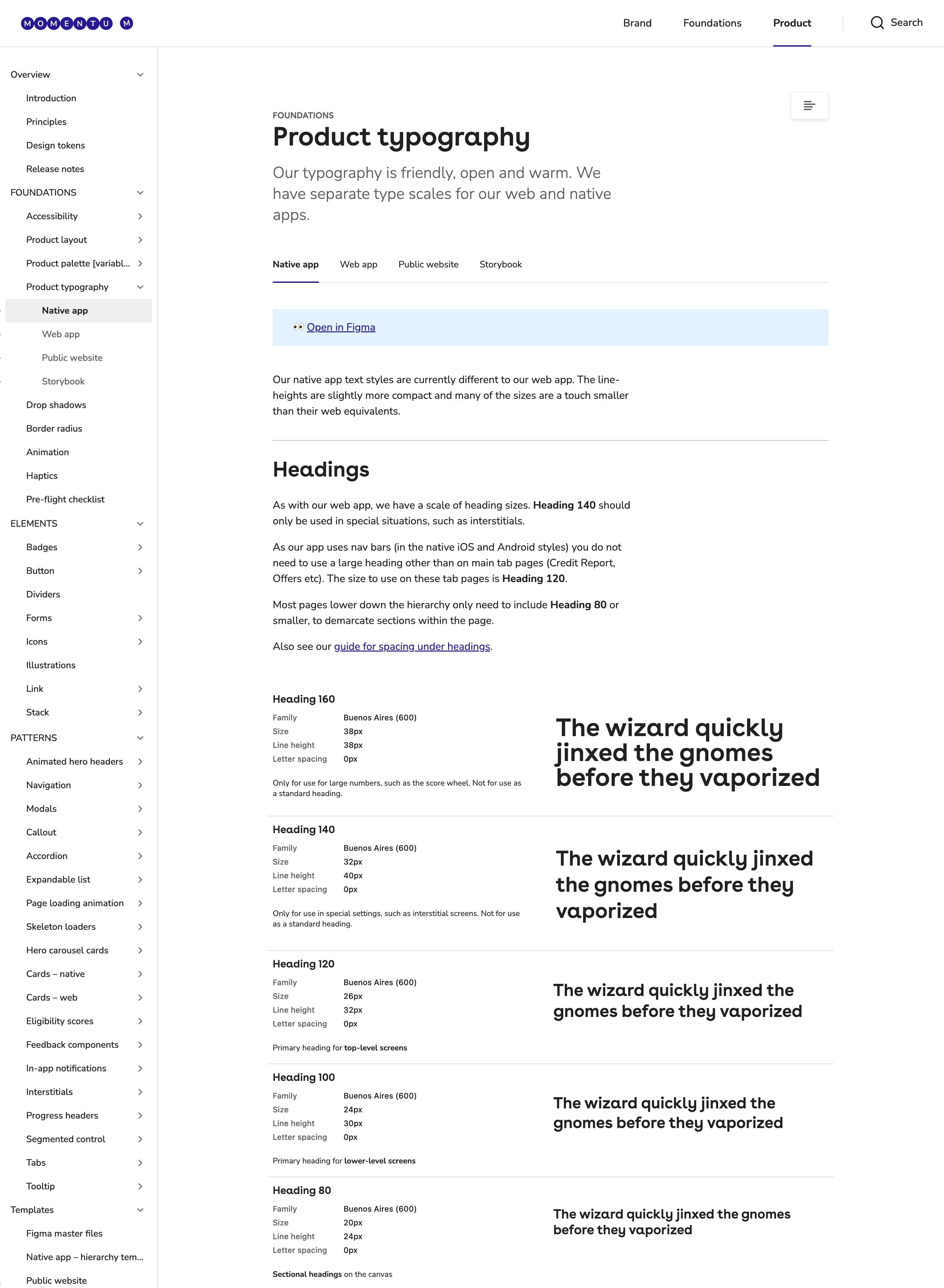 Part of the documentation for typography in the native app
